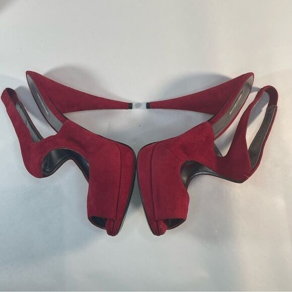 Miu Miu Red Suede Peep Toe Slingback Platform Sandals Size 38.5 Cone Heels - Picture 4 of 12